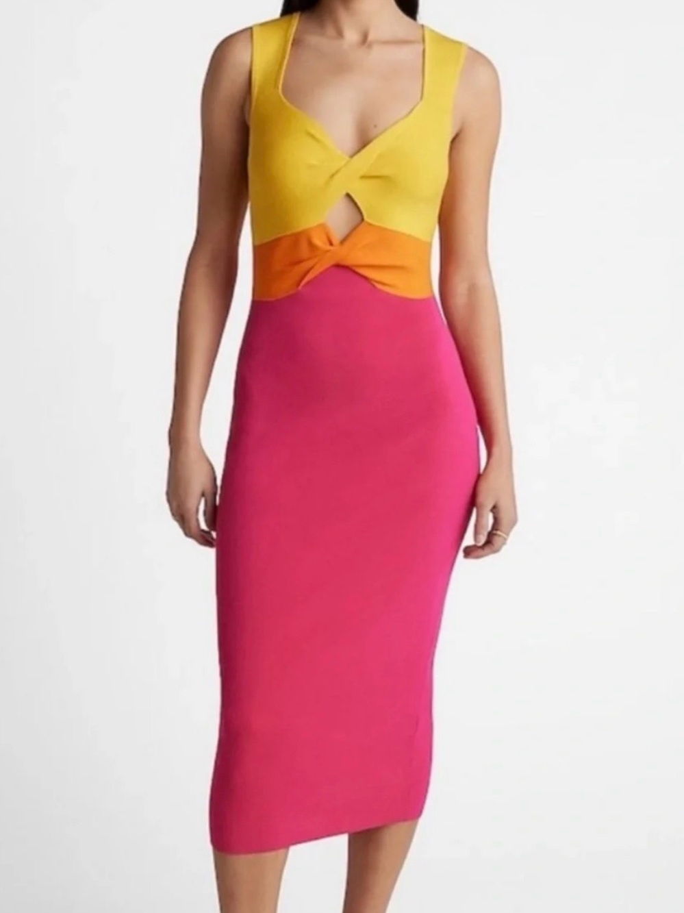 Express Colorblocked Twist Midi Dress in Yellow, Orange & Pink